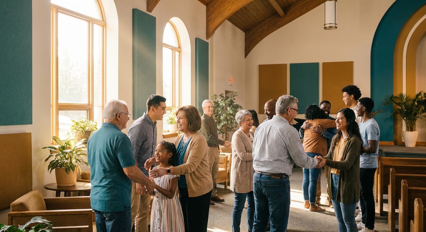 Diverse group of people greeting each other warmly in a modern church lobby