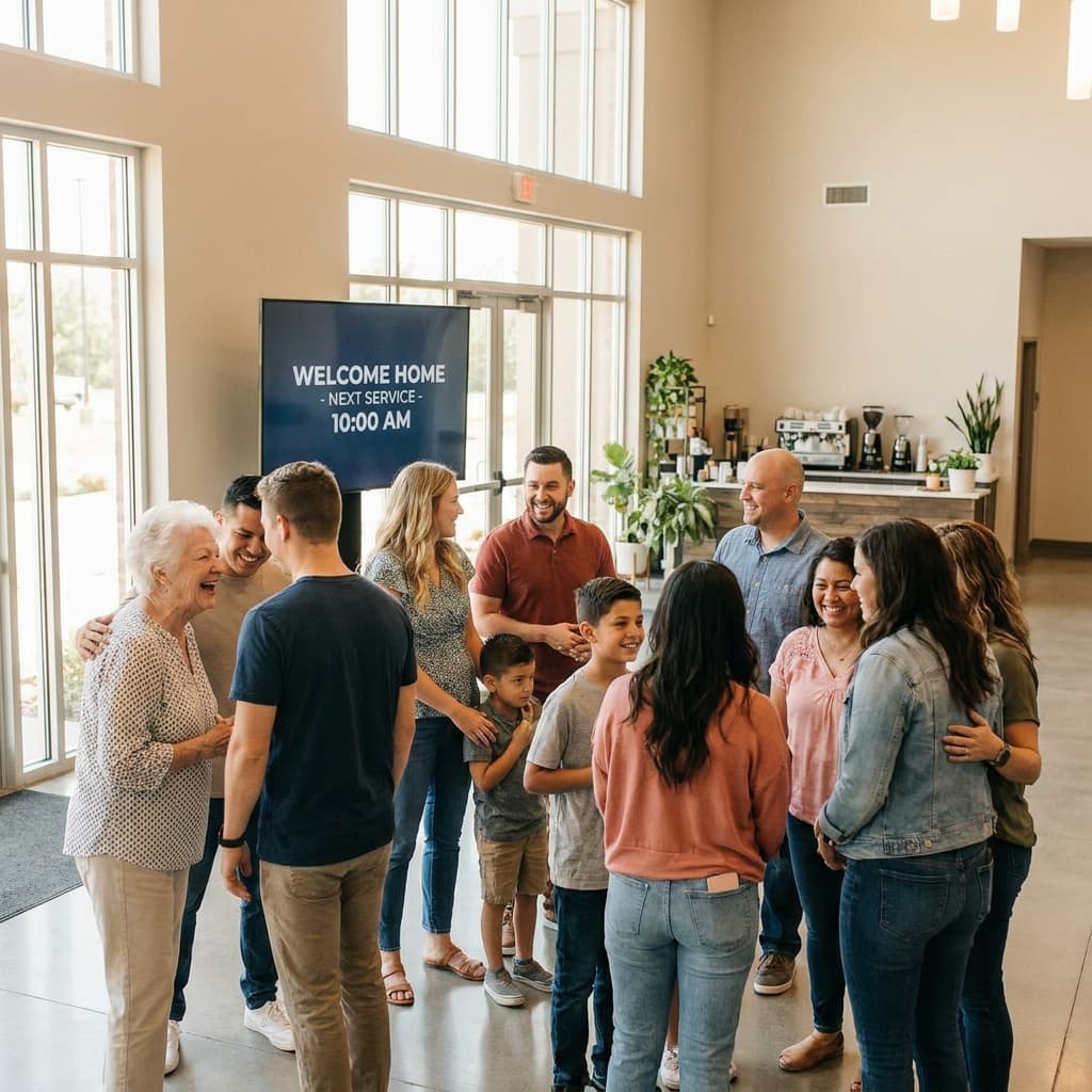 Diverse American church members interacting in a modern church lobby, showing community and connection.