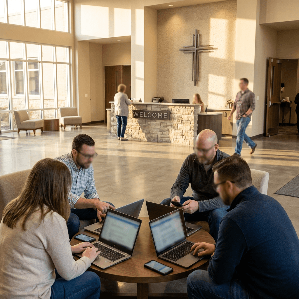 Church communications team planning social media posts in a church lobby