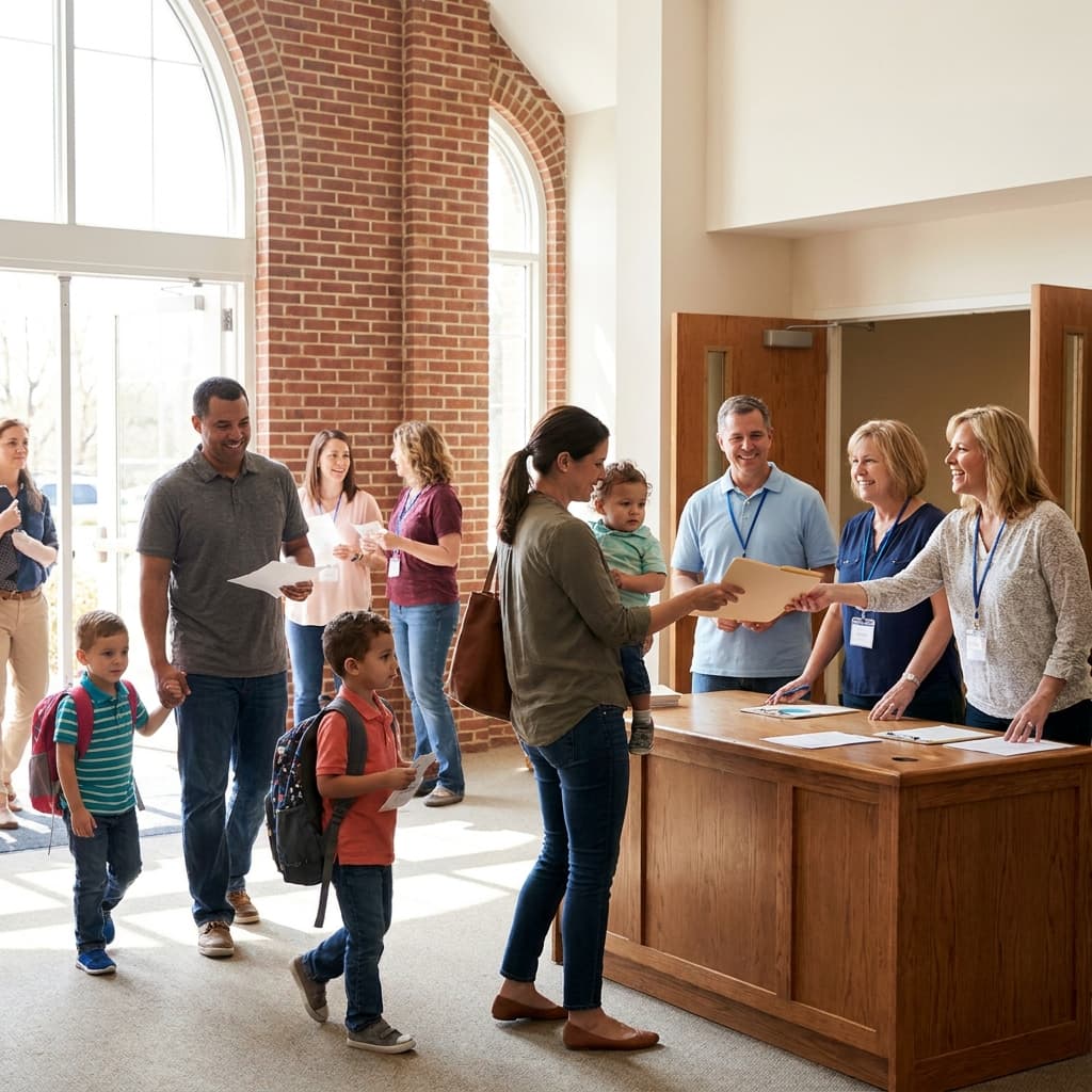 A welcoming church family event registration moment with parents and children arriving calmly at a bright church lobby, friendly volunteers, warm natural light, realistic American church setting, no visible text