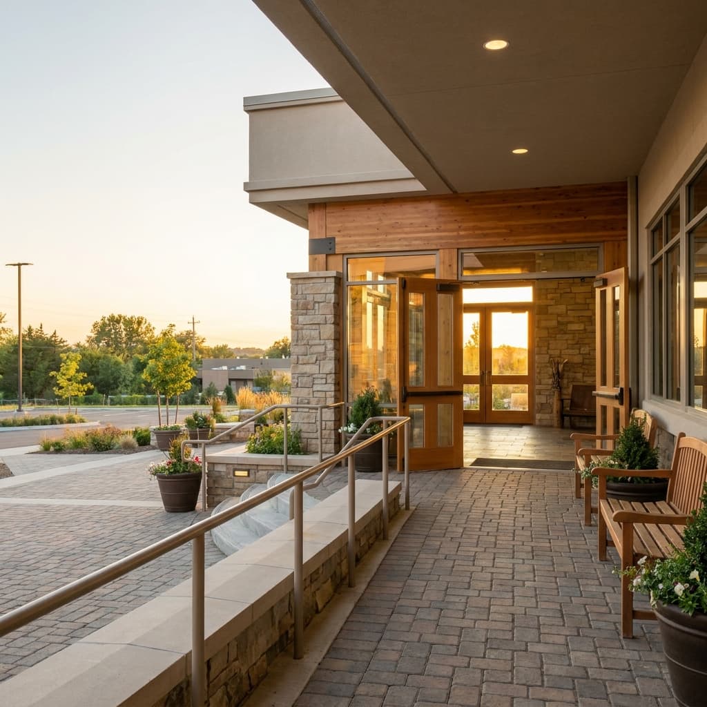 A welcoming modern American church entrance with accessible pathways, open doors, warm natural light, and no visible text