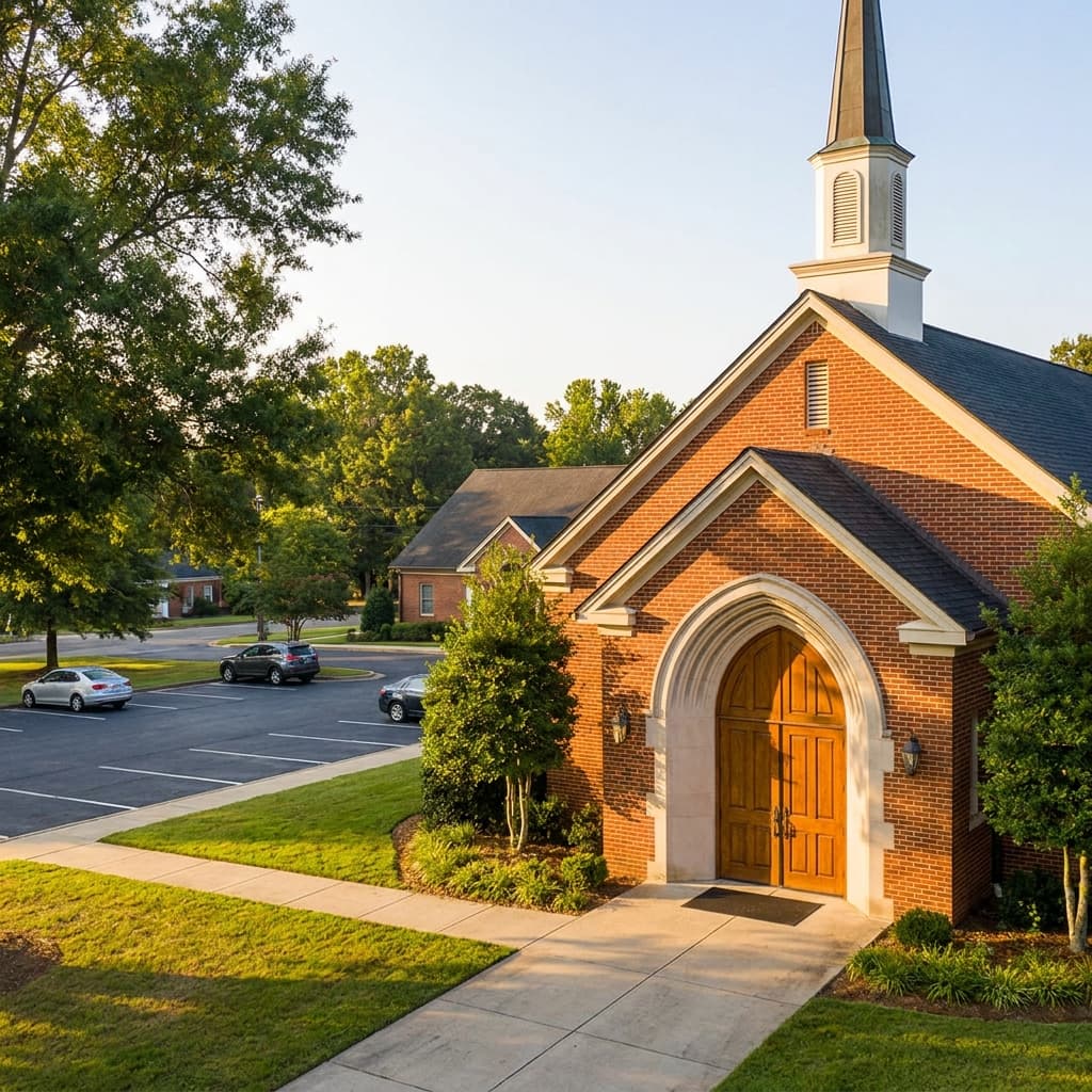 A welcoming church exterior with clear walkways, parking area, and warm natural light, no visible text or signs
